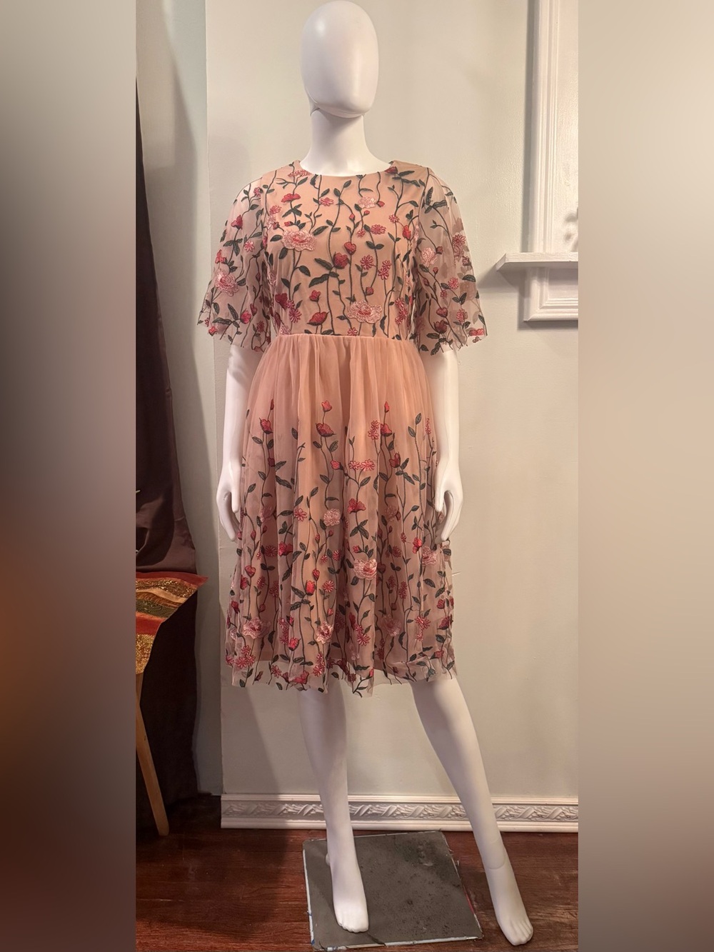 Baltic Born Duchess Tulle Rose Garden Blush Pink Floral Embroidered  Midi Dress
